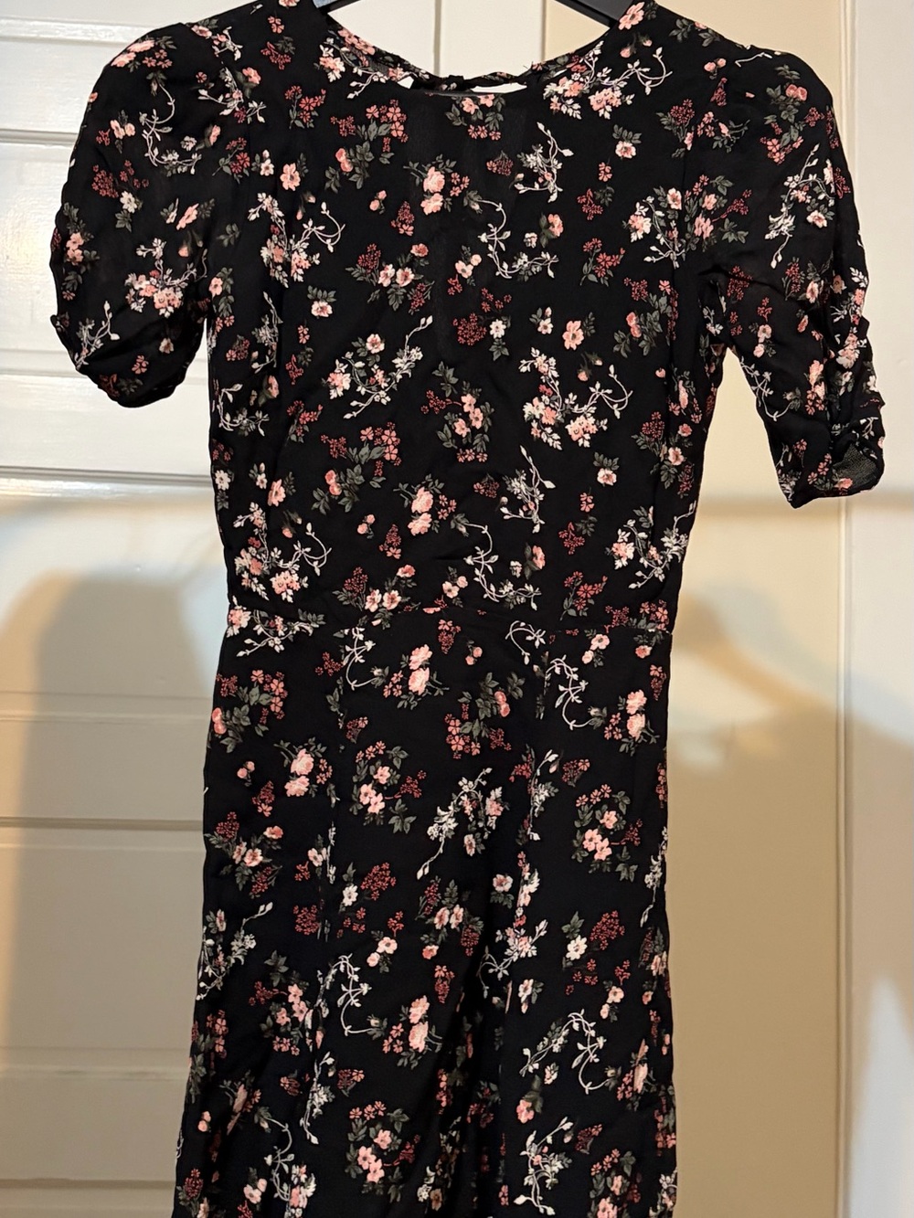Reformation Black Floral Midi Dress with Pink Accents